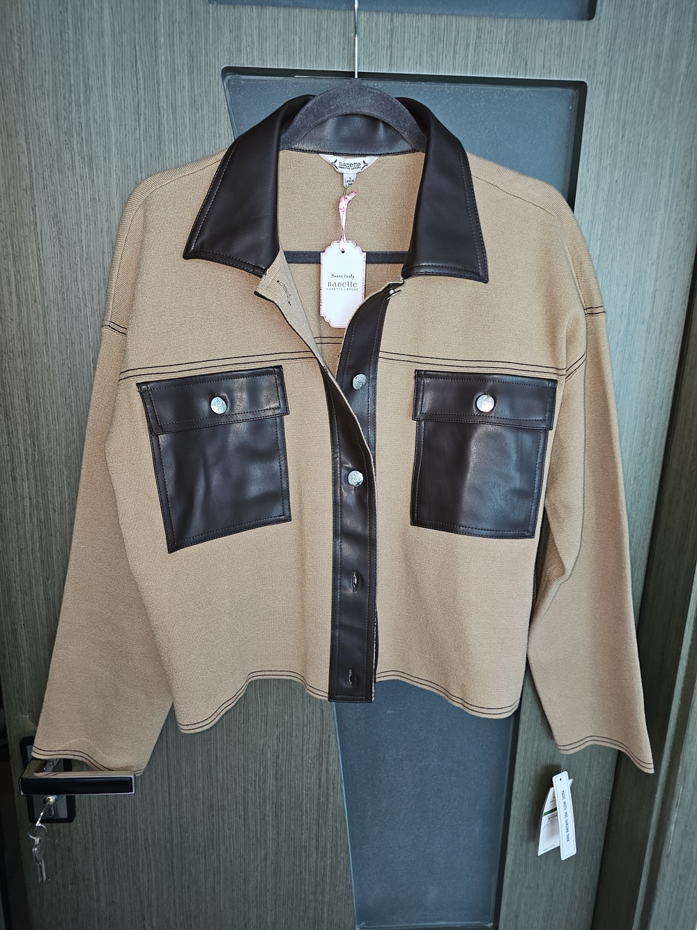 Nanette Lepore Camel Shacket Sweater Jacket with Brown Faux-Leather Pockets L